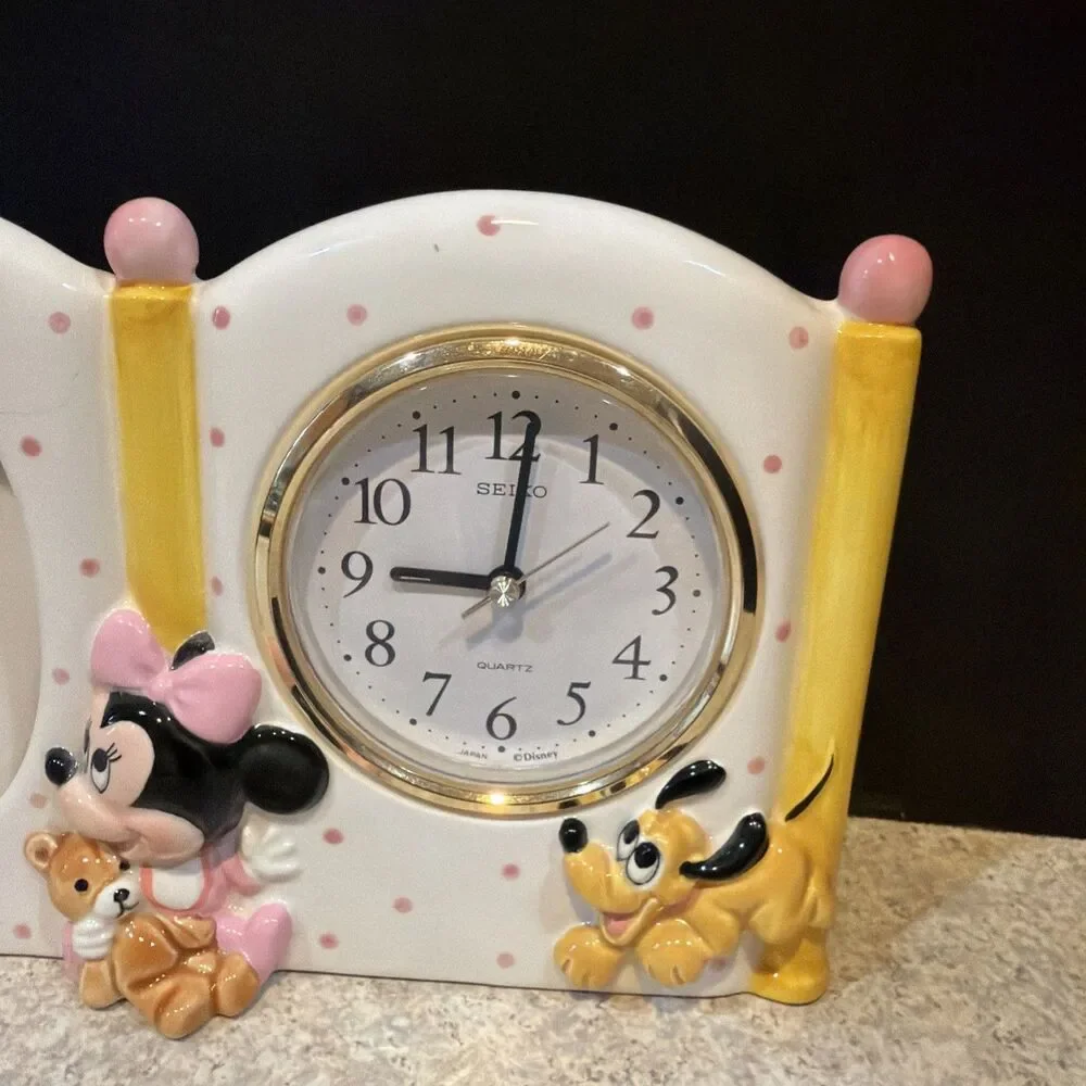 Seiko Baby Mickey Minnie Ceramic Clock & Photo Frame Disney Vintage Works 90s
